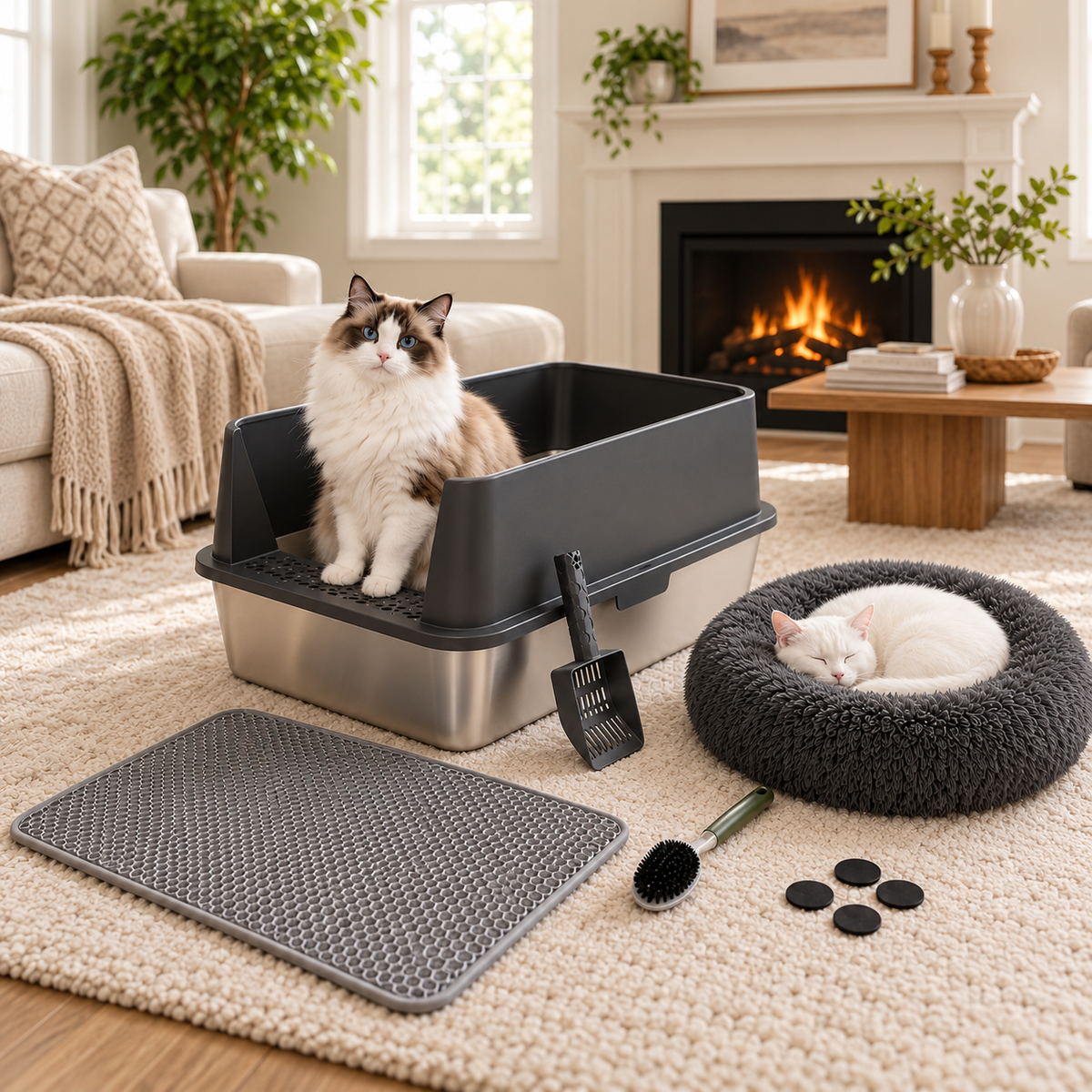 6-piece stainless steel litter box bundle with cat bed and accessories