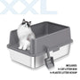 4FURBABY-Cat sitting inside a gray cat litter box with a plastic scoop on a white background