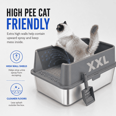 Cat using a high-walled cat litter box labeled 'High Pee Cat Friendly' with text explaining its features.