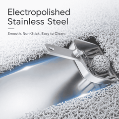Stainless steel kitchen tool on a textured white surface with text about material properties.