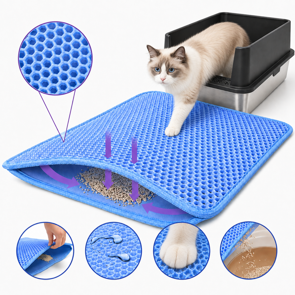 Blue double-layer honeycomb cat litter mat collecting tracked litter beneath the top layer, featuring a waterproof, paw-friendly surface and easy-empty design