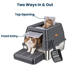 XXXL Stainless Steel Cat Litter Box with Lid – Dual Entry, 28" L × 20" W × 18" H