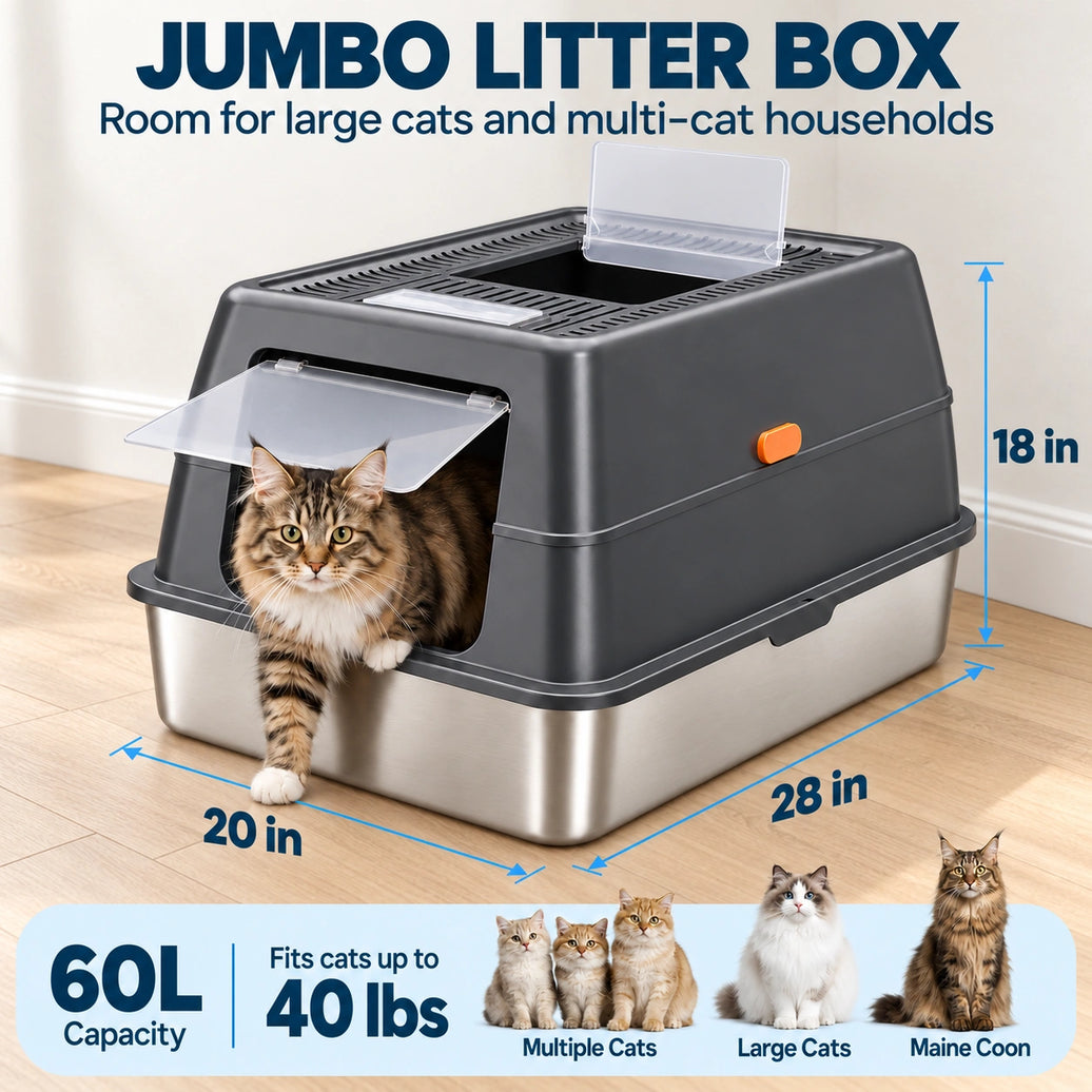 XXXL Stainless Steel Cat Litter Box with Lid – Dual Entry, 28" L × 20" W × 18" H