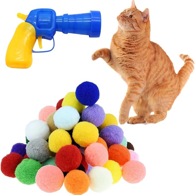 Cat Paradise Interactive Toy - Silent Colorful Ball Launcher Gun Set (50 Vibrant Plush Balls + Yellow - Green Gun) - 4FurBaby