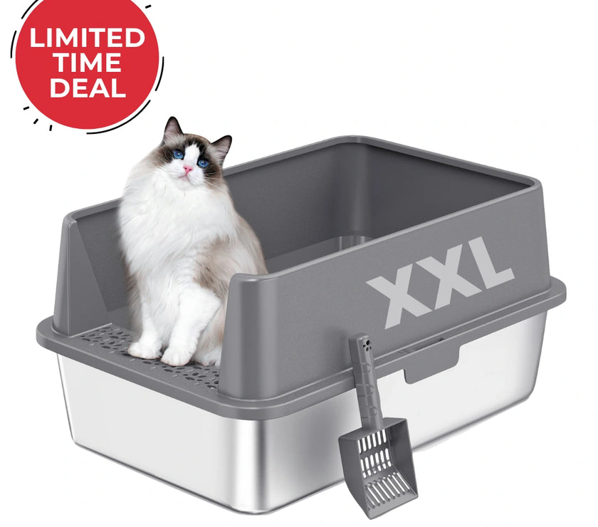 XXL Stainless Steel Cat Litter Box with Lid – High Sides, Low Entry, Easy to Clean, Odor-Free, Anti-Leak | Buy 2 & Save $10