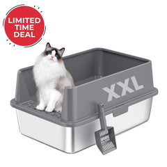 Cat sitting in a gray XXL cat litter box with a limited time deal label.
