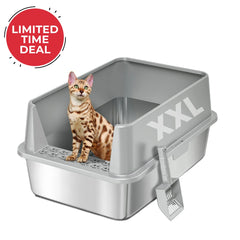 Cat sitting in a large gray cat litter box with 'XXL' branding and a 'Limited Time Deal' badge.