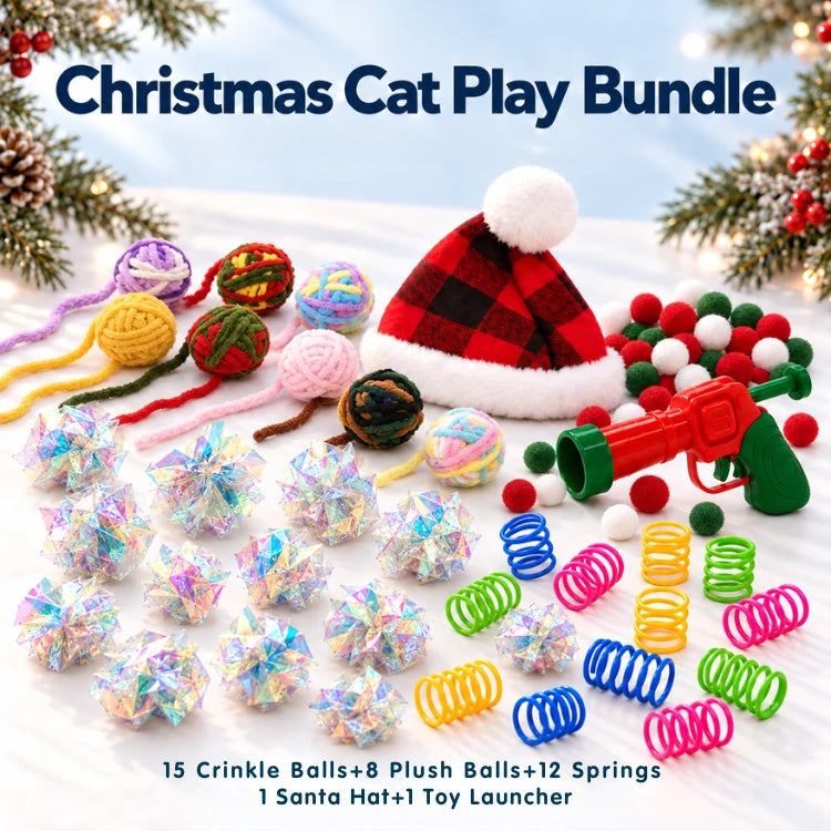 Christmas Cat Toy Bundle with Ball Launcher, Bell Balls & Santa Hat