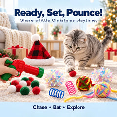 Christmas Cat Toy Bundle with Ball Launcher, Bell Balls & Santa Hat