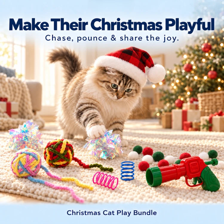 Christmas Cat Toy Bundle with Ball Launcher, Bell Balls & Santa Hat