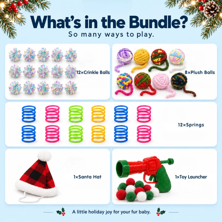 Christmas Cat Toy Bundle with Ball Launcher, Bell Balls & Santa Hat