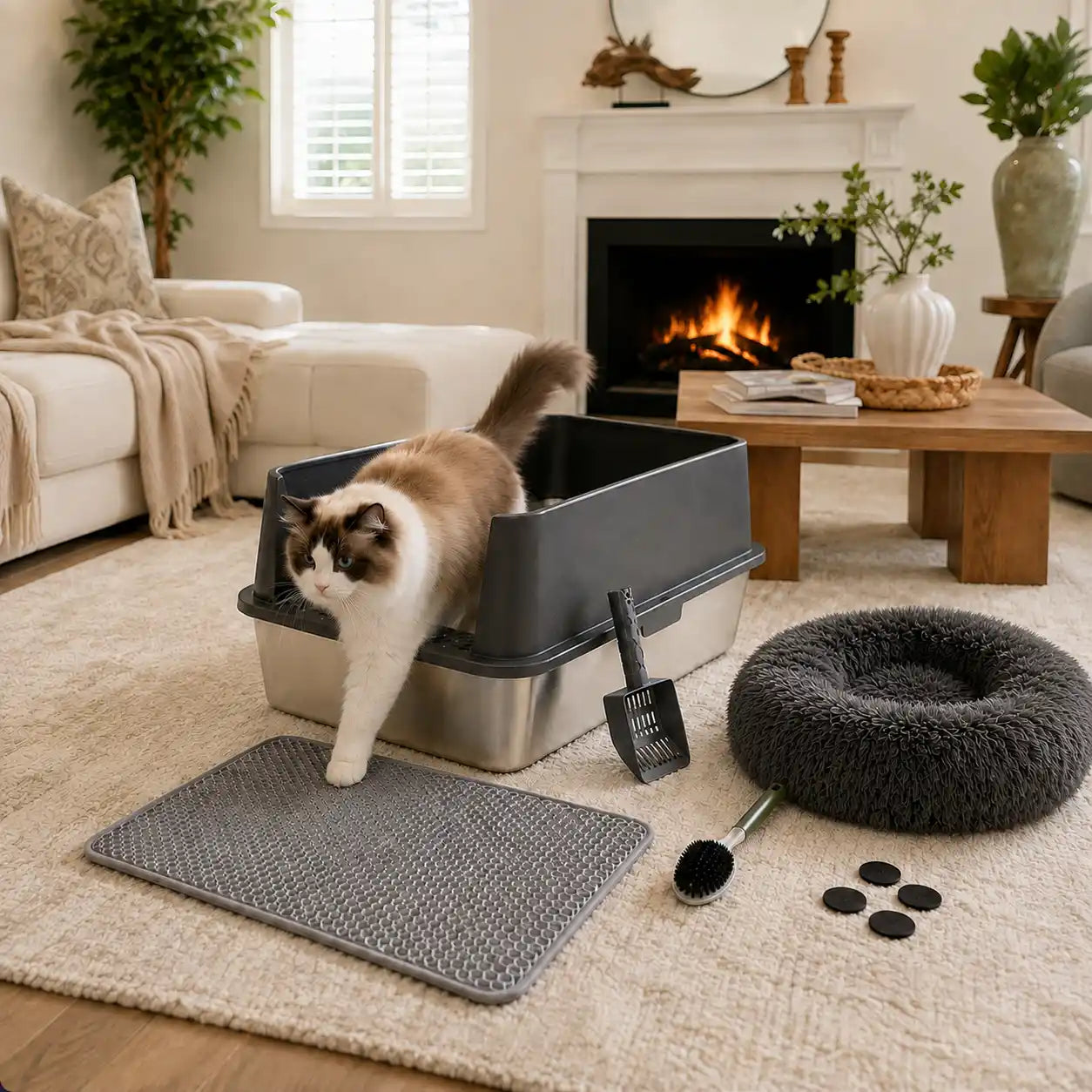 6-Piece XXL Stainless Steel Cat Litter Box & Comfort Bundle with 20" Plush Bed, Litter Mat, Scoop & Cleaning Brush