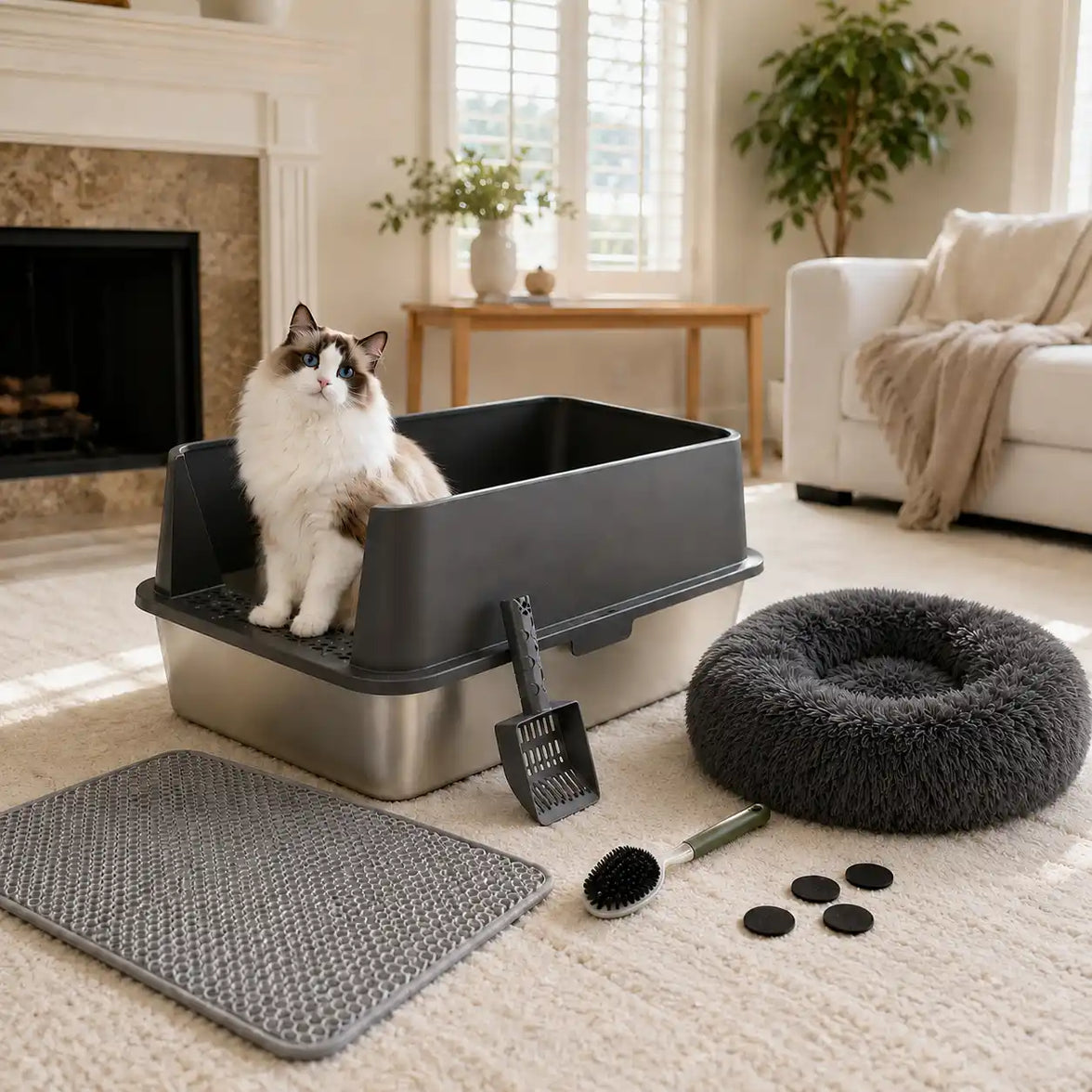 6-Piece XXL Stainless Steel Cat Litter Box & Comfort Bundle with 20" Plush Bed, Litter Mat, Scoop & Cleaning Brush