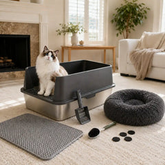 6-Piece XXL Stainless Steel Cat Litter Box & Comfort Bundle with 20" Plush Bed, Litter Mat, Scoop & Cleaning Brush