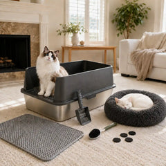 6-Piece XXL Stainless Steel Cat Litter Box & Comfort Bundle with 20" Plush Bed, Litter Mat, Scoop & Cleaning Brush