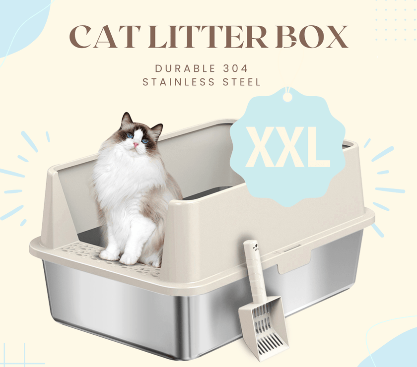 Extra Large Stainless Steel Cat Litter Box with Lid, High Walls, Easy Cleaning, Anti - Leak Design & Toy Bundle for Big Cats - 4FurBaby6