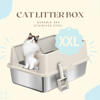 Extra Large Stainless Steel Cat Litter Box with Lid, High Walls, Easy Cleaning, Anti - Leak Design & Toy Bundle for Big Cats - 4FurBaby6