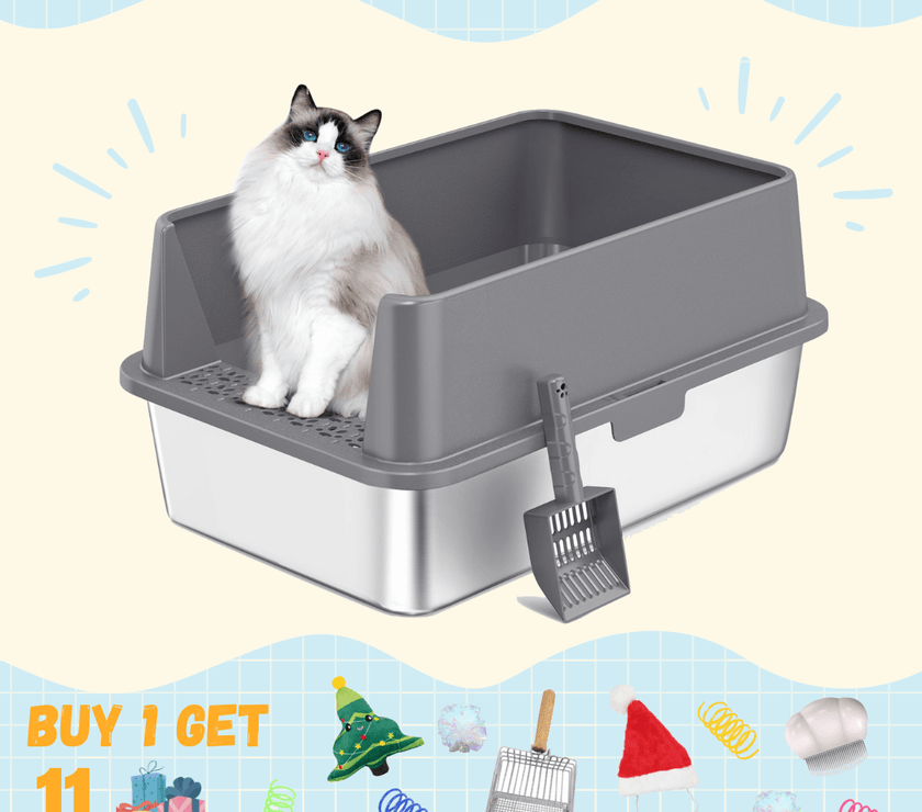 Extra Large Stainless Steel Cat Litter Box with Lid, High Walls, Easy Cleaning, Toy Bundle for Big Cats - 4FurBaby6