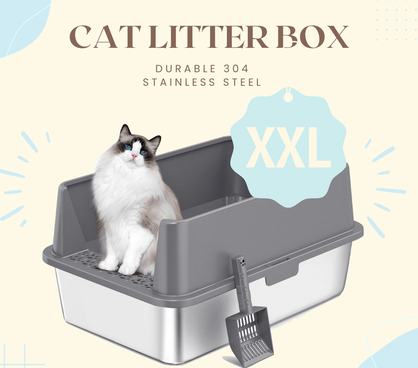 Extra Large Stainless Steel Cat Litter Box with Lid, High Walls, Easy Cleaning, Anti - Leak Design & Toy Bundle for Big Cats - 4FurBaby6