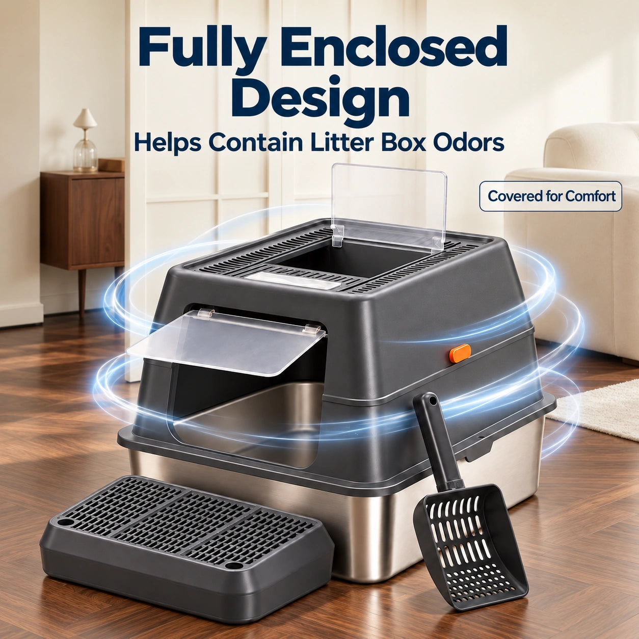 XXXL Stainless Steel Cat Litter Box with Lid – Dual Entry, 28" L × 20" W × 18" H