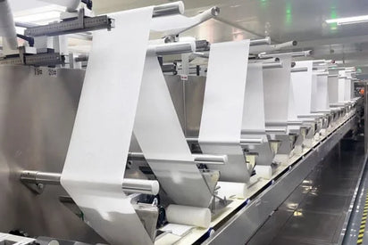 Row of paper rolls on a printing press in a factory setting