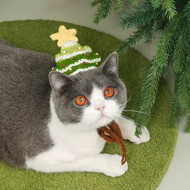 Handcrafted Crochet Christmas Tree Pet Hat with delicate festive details and a charming star topper - Knitted Santa Hat for Cats and Dogs - 4FurBaby