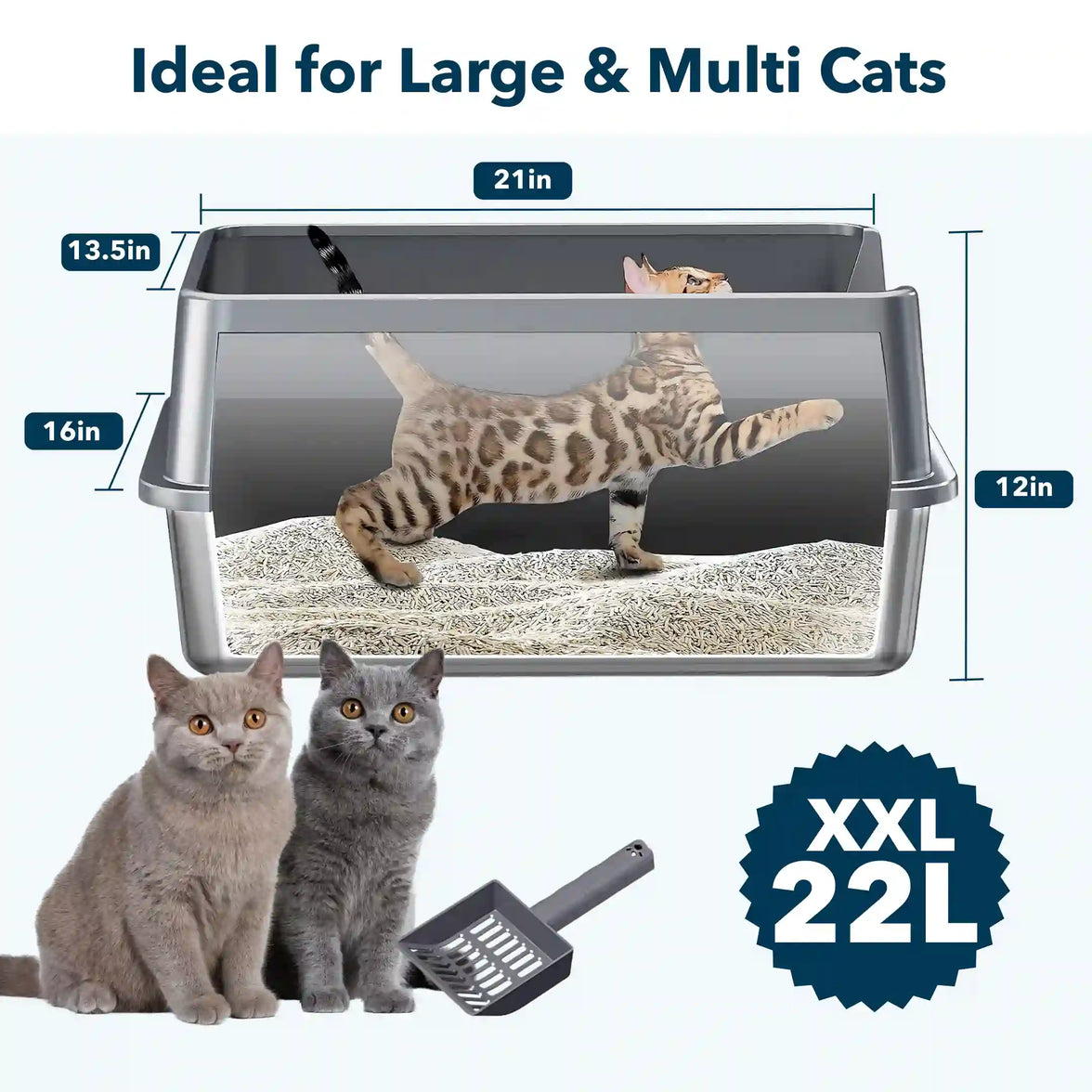 XXL Stainless Steel Cat Litter Box with Lid – High Sides, Low Entry, Easy to Clean, Odor-Free, Anti-Leak | Buy 2 & Save $10