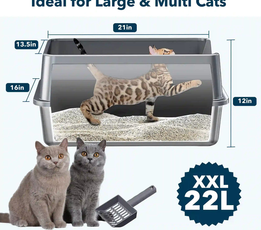 XXL Stainless Steel Cat Litter Box with Lid – High Sides, Low Entry, Easy to Clean, Odor-Free, Anti-Leak | Buy 2 & Save $10