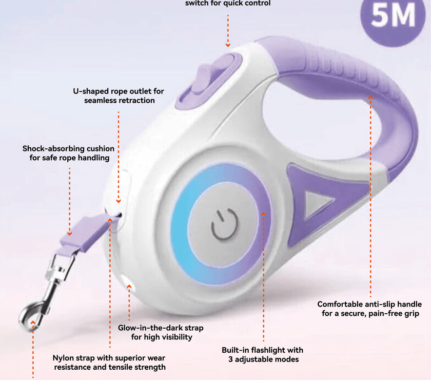LED Light - Up Retractable Dog Leash - Automatic Pet Walking Leash with Colorful Breathing Light - 4FurBaby