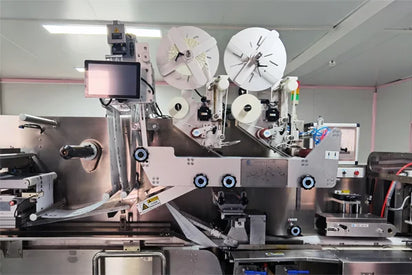 Industrial label printing machine in a factory setting