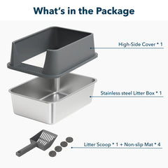 Cat litter box set with high-side cover, stainless steel litter box, litter scoop, and non-slip mats on a white background.