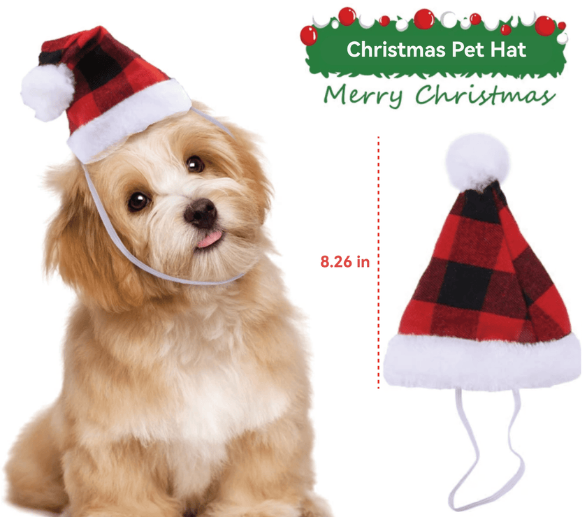 New Pet Christmas Hat - Red and Black Plaid Plush Hat, Festive Pet Headwear - 4FurBaby
