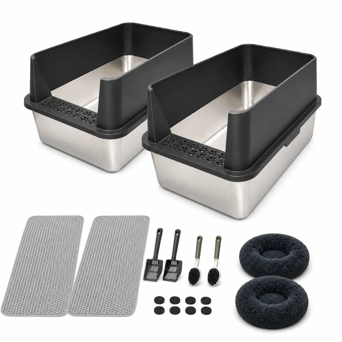Cozy Cat Home Bundle –XXL Stainless Steel Cat Litter Box Bundle with 20" Cat Bed – 23.6" L × 15.7" W × 12" H