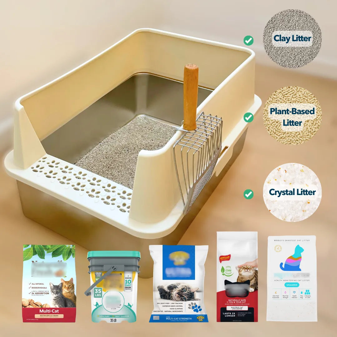 Cat litter box with accessories and different types of cat litter on a beige background