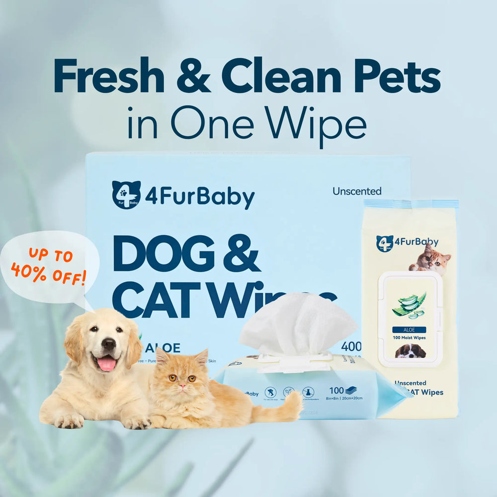 4FurBaby dog and cat wipes packaging with promotional text on a light blue background