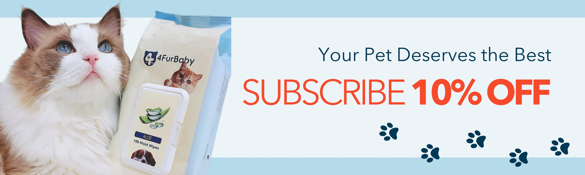 Cat with a product and promotional text for a subscription offer on a light blue background