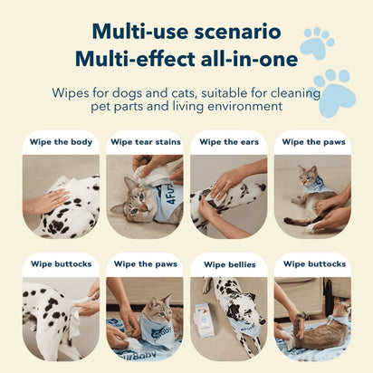 Wipes for dogs and cats with various uses on a beige background